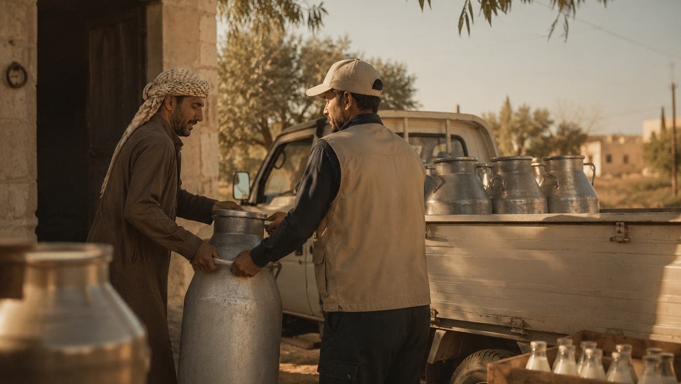 رجلين عم يحمّلوا قساطل حليب على سيارة بريف دير الزور